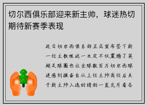 切尔西俱乐部迎来新主帅，球迷热切期待新赛季表现