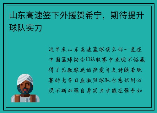 山东高速签下外援贺希宁，期待提升球队实力