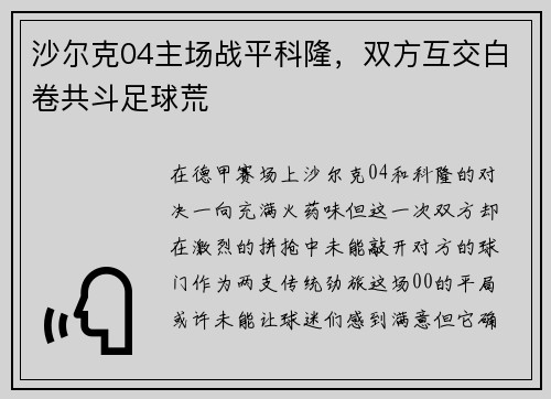沙尔克04主场战平科隆，双方互交白卷共斗足球荒